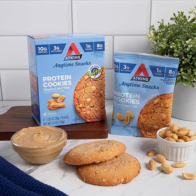 Atkins Peanut Butter High Protein Cookie, Keto Snacks, 3g Net Carb, 1g Sugar, Low Sugar Snacks, Low Carb Treats, 4 Count