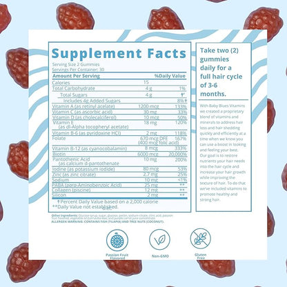 Baby Blues Postpartum Hair Loss Vitamins - Passion Fruit Gummies with Biotin, Collagen, & Folate