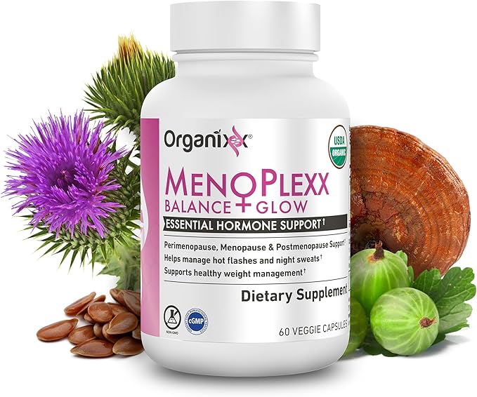 Organixx Menopause Balance + Glow, Womens Supplement with Ashwagandha, Reishi Mushroom, and Milk Thistle, Plant Based Adaptogens and Superfood Blend, Dairy, Soy & Gluten Free, Non GMO, 60 Capsules