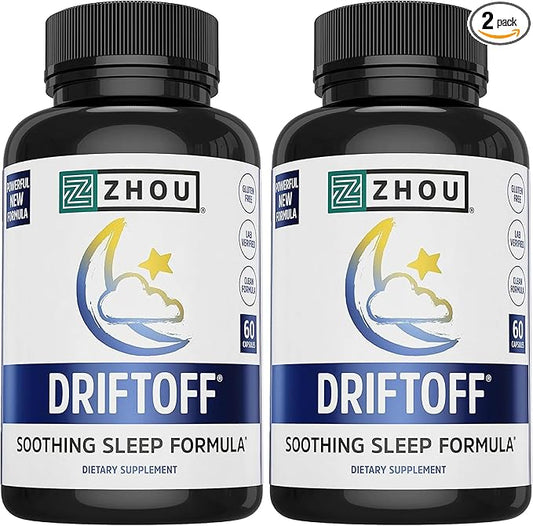 ZHOU Driftoff - Nature Inspired Sleep Aid, Valerian Root & Melatonin for Sleep for Men & Women, Calm Sleeping Supplement for Adults with GABA & Chamomile to Relax - 60 Veggie Capsules (Pack of 2)