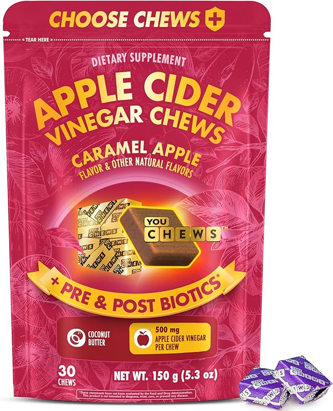YouChews Apple Cider Vinegar Chews – 500 Mg Organic Apple Cider Vinegar Gummies with Prebiotics & Postbiotics | Gut Balance Support | Low Sugar Apple Cider Gummies | Caramel Flavor | 30 Chews Pack