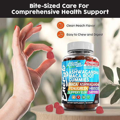 Ashwagandha Maca Root Gummies with Fenugreek Hibiscus Slippery Elm Saffron Extract & Beta Carotene | Peach Flavor Vegan Gummy Vitamins Adaptogen Cortisol Supplement Energlo By Clean Nutra