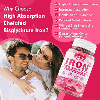 Iron Bisglycinate 26mg Filled Gummies- Gentle Beet Root Iron Gummy plus Vitamin C, Supplement Iron with B12 & Folate for Women & Men, Iron Deficiency, Immune & Energy Support, Sugar-Free, Vegan,120Cts