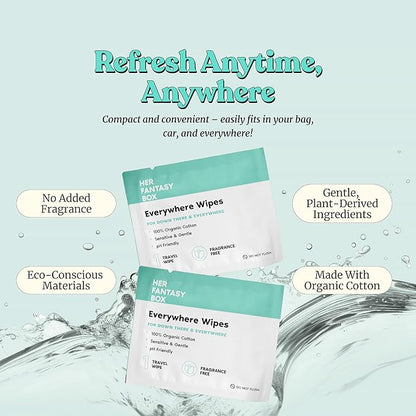Her Fantasy Box | Everywhere Wipes – 100% Organic Cotton, Gentle & Refreshing, pH-Balanced, Fragrance-Free, Plant-Powered for Body, Face & Intimate Areas, Ideal for Sensitive Skin - 16 Pack, 240 Wipes