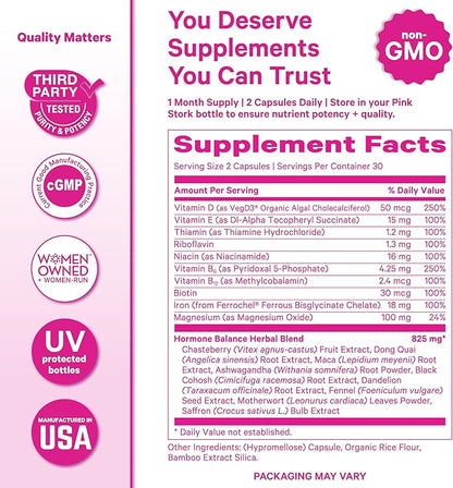 Pink Stork Hormone Balance Multivitamin for Women | 18-in-1 Vitex, Saffron, Ashwagandha, Magnesium | Mood, Energy, Cortisol, Adrenal Support | PMS, Perimenopause Support | 60 Vegan Capsules