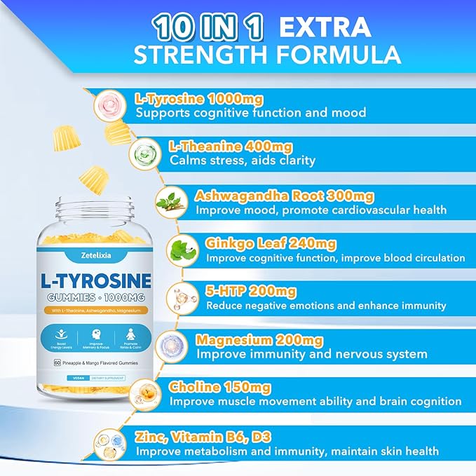 L Tyrosine Gummies, 2 Pack L-Tyrosine Supplement, Tyrosine Gummies with L-Theanine B6 D3, Tyrosine Supplement for Brain, Memory, Energy, Mood for Adult & Kids, Pineapple & Mango Flavor, 120 Ct