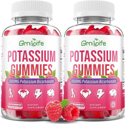 2 Pack Potassium Gummies 1000mg, Potassium Bicarbonate Supplement for Adults & Kids, Support Electrolyte Balance & Muscle Heath, Sugar-Free, Raspberry Flavor, 120 Count