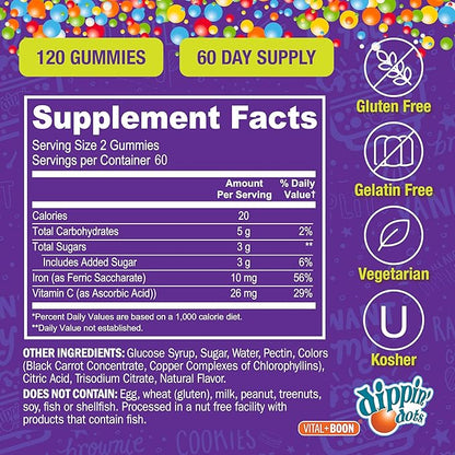 Vital+Boon - Iron with Vitamin C & B12 Gummies (120 Count) Vital for Red Blood Cell Formation | Gum Drop Grape Real Pectin Fruit Chew Supplements | Vegan, Non-GMO, Gluten Free & Gelatin Free