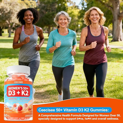 Vitamin D3 K2 Gummies Supplement for Women 50+: Organic Vitamin D3 5000 IU + K2 (MK-7) 120 mcg with 500mg Omega-3, 400mg Calcium, CoQ10 for Immune Health - Extra Strength for Adults(120Count)
