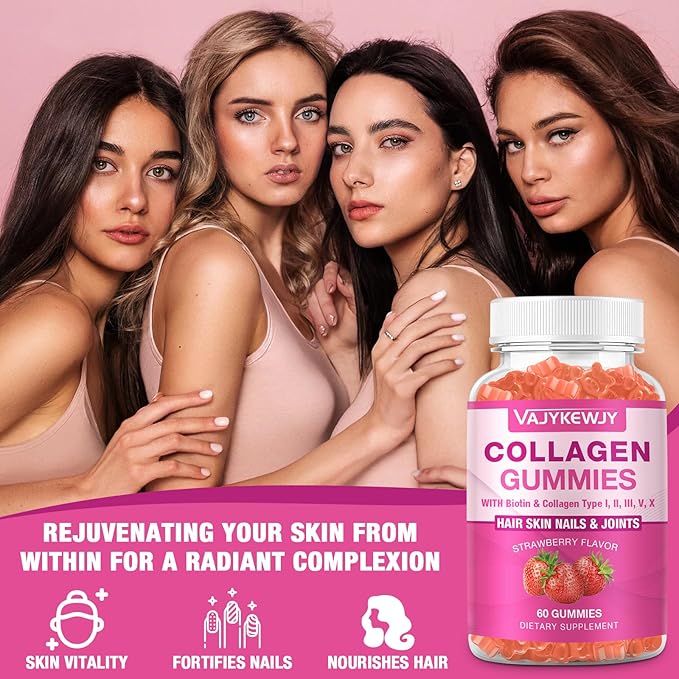 Vegan Collagen Gummies for Women & Men - with Biotin, Vitamin C, & Zinc for Skin Radiance, Hair Growth, Strong Nails, & Joint Support, 60 Count
