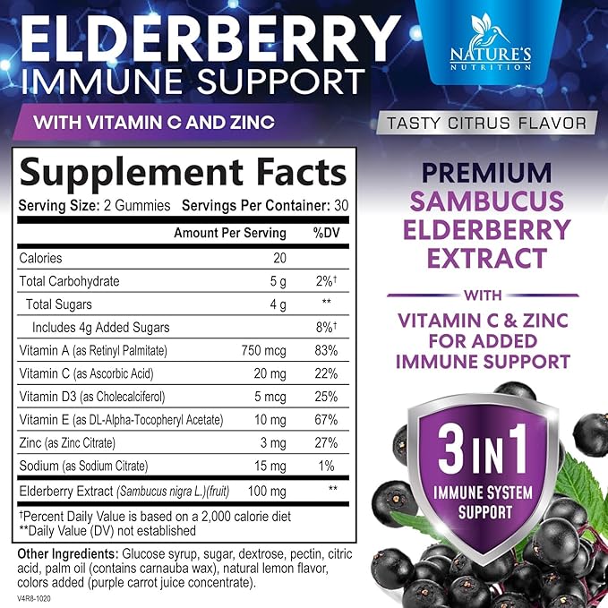Elderberry Gummies - Black Elderberry Extract Immune Support Gummy with Vitamin C, D3 and Zinc - Sambucus Immune Health Support Supplement for Kids & Adults, Black Elder Berry Vitamins - 60 Gummies