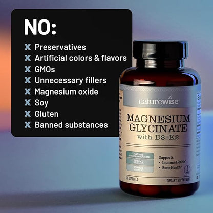 NatureWise Magnesium Glycinate 550mg + High-Dose 10000 IU Vitamin D3 K2 100 mcg - D3 K2 Magnesium Supplement - Chelated for High Absorption - Bone Support - Non-GMO, USA Manufactured - [30-Day Supply]