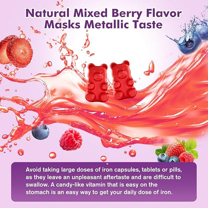 Iron Supplement for Women & Men Gummies, Multivitamin Blood Builder Iron Supplement with Folate Vitamin C B12 B6 Zinc for Adults & Kids - Energy Support - Mixed Berry Flavor, Vegan 60 Gummies