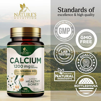 Calcium 1200 mg with Vitamin D3 Per Serving - Bone Health Supplement, Vitamin D & Calcium Supplements for Women & Men - Bone, Teeth & Immune Support, Nature's Calcium Pills, USA Bottled - 180 Tablets