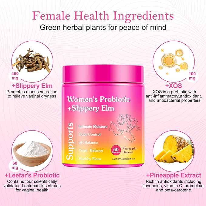 Her Juicy Feminine Probiotics Gummies, Women's Probiotic with Slippery Elm, Pineapple Gummies Support Women PH Balance and Vaginal Wellness, Gut Health & Immune System, 60 Gummies