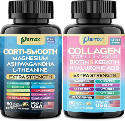 Shining Serenity Set, Cortisol Support with Ashwagandha, L-Theanine, Magnesium, Lions Mane, GABA, Bacopa Monnieri, Collagen I, II, III, V, X, Folate, Biotin, Keratin, Hyaluronic Acid, Quercetin