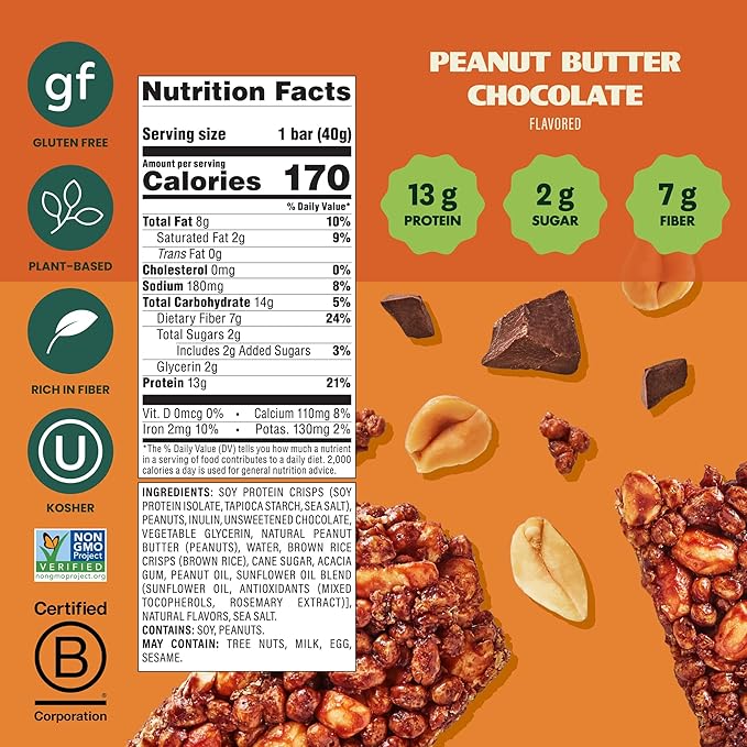 Simply Protein - Peanut Butter Chocolate Crispy Bars - Plant Based Protein Bars - Low Carb, Low Sugar, High Fiber - 13g Protein, 2g Sugar, 7g Fiber - Vegan, Gluten Free, Non GMO, Kosher - 32 Bars