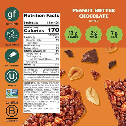 Simply Protein - Peanut Butter Chocolate Crispy Bars - Plant Based Protein Bars - Low Carb, Low Sugar, High Fiber - 13g Protein, 2g Sugar, 7g Fiber - Vegan, Gluten Free, Non GMO, Kosher - 4 Bars