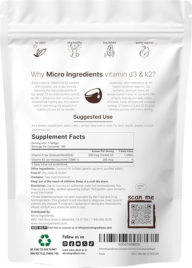Micro Ingredients Vitamin D3 10,000 IU + K2 MK-7 200 mcg, 180 Softgels with Virgin Coconut Oil | 2-in-1 Vitamins D & K Complex | Extra Strength, Easy to Swallow, Non-GMO, Gluten Free