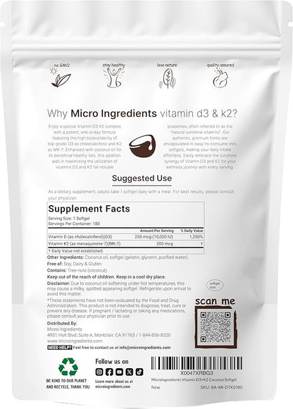Micro Ingredients Vitamin D3 10,000 IU + K2 MK-7 200 mcg, 180 Softgels with Virgin Coconut Oil | 2-in-1 Vitamins D & K Complex | Extra Strength, Easy to Swallow, Non-GMO, Gluten Free