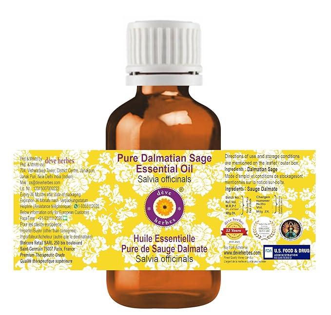 Deve Herbes Pure Dalmatian Sage Essential Oil (Salvia officinals) Steam Distilled 10ml (0.33 oz)