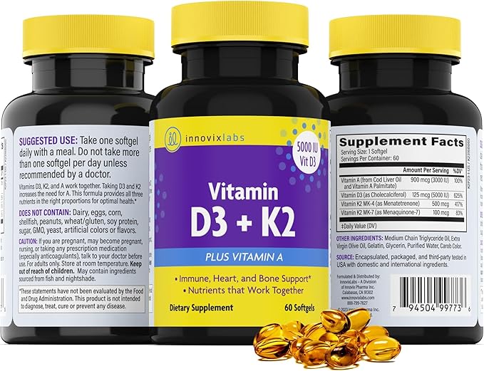 InnovixLabs Vitamin D3 K2-5000 IU Vitamin D3 Plus 600 mcg Vitamin K2 MK4 and MK7 for Max Calcium Absorption, Supports Bone, Immune, Heart Health, 3rd Party Tested, Gluten Free, 60 Softgels (Pack of 2)