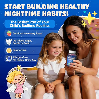 Kids 4+ Nighttime Multivitamin, Melatonin Free Sleep Aid Gummies w/Magnesium Glycinate, Saffron, L-Theanine, Calcium, Inositol, D3+K2, Zinc Supports Calm Mood, Brain, Bone & Immune, Sugar Free, 2 Pack
