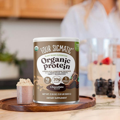 Four Sigmatic Organic Plant-Based Protein Powder | Clean Vegan Protein Elevated with Lion’s Mane, Chaga, Cordyceps and More for Brain Function and Immune Support | Creamy Cacao, 21.16 oz