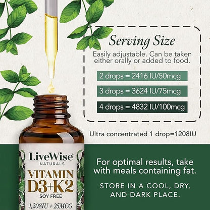 Live Wise Naturals Vitamin D3 K2 Drops for Adults - 930 Drops, Ultra Concentrated Formulation, Fast Absorption 1208 IU Vitamin D3, 25 MCG (MK-7) - Micro-Dosing Dropper for Calcium & Bone Support