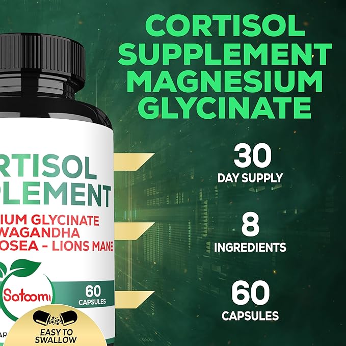 Satoomi 8in1 Cortisol Manager with Magnesium Glycinate, Ashwagandha, Rhodiola Rosea, Lions Mane & More - Cortisol Reducer Supplement Men & Women - 60 Capsules