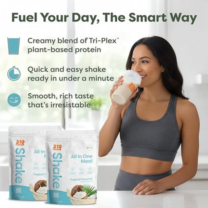 310 Nutrition All-In-One Meal Replacement Shake Powder - Plant-Based Protein Smoothie Blend w/High Fiber, Probiotics & Adaptogens - Low Carb, Vegan, Keto & Paleo Friendly - Tropical Coconut - 28 Srv