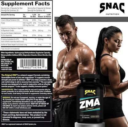 SNAC ZMA The Original Sleep & Recovery Supplement - Supports Muscle Recovery, Restful Sleep, Relaxation, Stress Relief and Immune Support with Magnesium, Zinc & Vitamin B6, 90 Veggie Capsules, 2 Pack