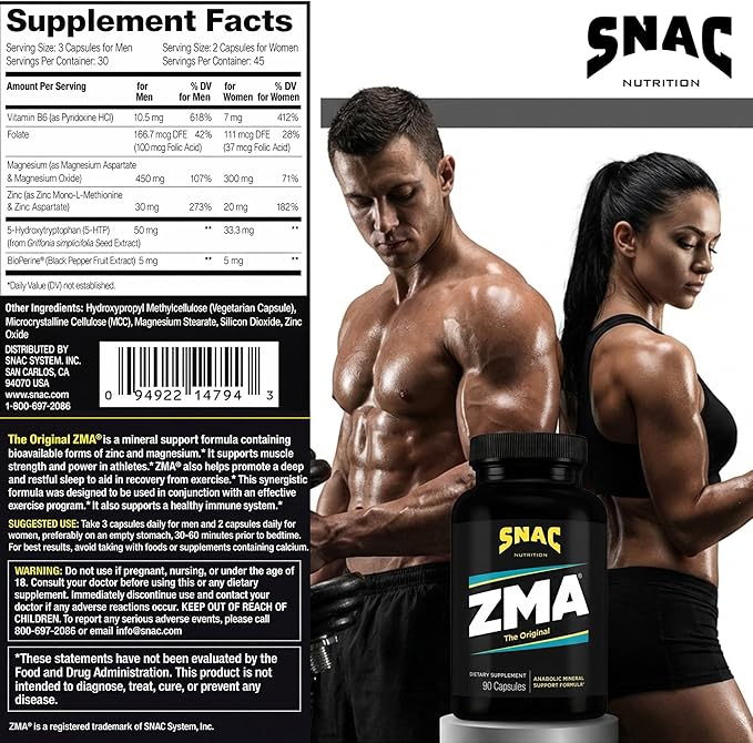 SNAC ZMA The Original Sleep & Recovery Supplement - Supports Muscle Recovery, Restful Sleep, Relaxation, Stress Relief and Immune Support with Magnesium, Zinc and Vitamin B6, 90 Veggie Capsules