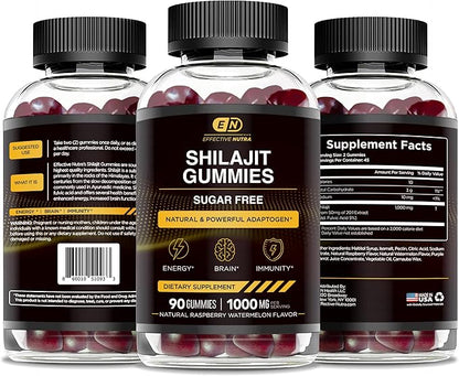 Effective Nutra Shilajit Gummies 1000mg | Pure Shilajit Resin for Energy, Brain & Immunity | Supplement for Men & Women | Sugar-Free, Vegan, Gluten-Free | Natural Berry Flavor, Made in USA (90ct)