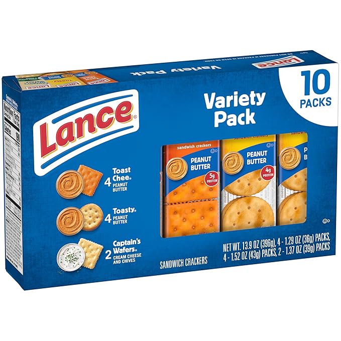 Lance Sandwich Crackers, Variety Pack, 3 Flavors, 10 Individually Wrapped Packs, 6 Sandwiches Each