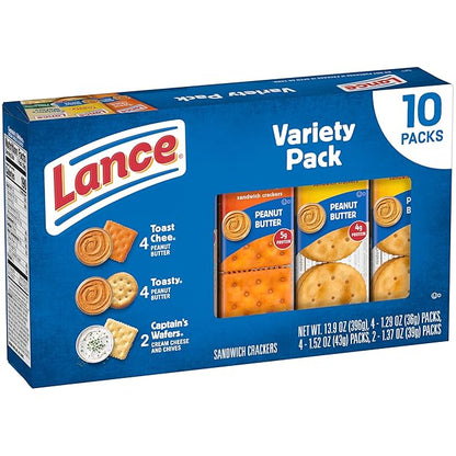 Lance Sandwich Crackers, Variety Pack, 3 Flavors, 10 Individually Wrapped Packs, 6 Sandwiches Each