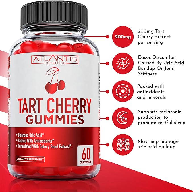 Atlantis Nutrition Tart Cherry Gummies 2-Pack with Celery Seed Extract - Advanced Uric Acid Cleanse for Immediate Relief. Powerful Antioxidant with Joint Support - 120 Gummies