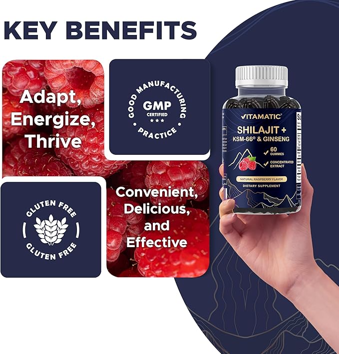 Vitamatic Shilajit with KSM-66® Ashwagandha & Ginseng Extract Gummies – Natural Raspberry Flavor – 60 Vegan Gummies - Made in USA