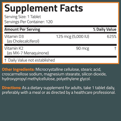 Bronson Vitamin K2 D3 (MK7) Supplement Non-GMO Formula Vitamin D3 5000IU (125 mcg) & 90 mcg K2 MK-7, Easy to Swallow D & K Complex, 120 Tablets