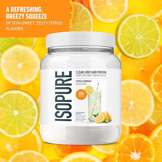 Isopure Clear Whey Isolate Citrus Lemonade Protein Powder 16 Servings + 1 Bottle of Clear Protein Water with Electrolytes, 15g Whey Protein Isolate, Zero Sugar, Mixed Berry, 20 fl oz Bottle