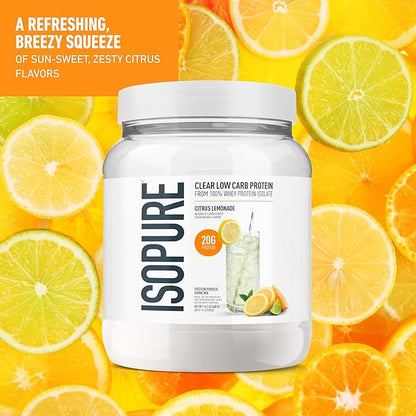 Isopure Clear Whey Isolate Protein Powder, Lactose Free, Gluten Free, Naturally Flavored, Citrus Lemonade, 20g Protein Per Serving, 14.1 Oz, 16 Servings (Packaging May Vary)