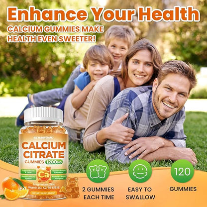 Calcium Citrate Gummies - 1200mg Calcium Gummies Supplements for Women & Men with Vitamin D3, K2, Magnesium, Zinc High Absorption for Bone, Muscle & Immune Support, Orange Flavor, 120 Count