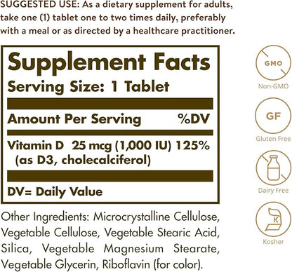 Solgar Vitamin D3 (Cholecalciferol) 25 mcg (1000 IU) – 180 Tablets - Helps Maintain Healthy Bones & Teeth - Immune System Support - Non-GMO, Gluten Free, Dairy Free, Kosher - 180 Servings