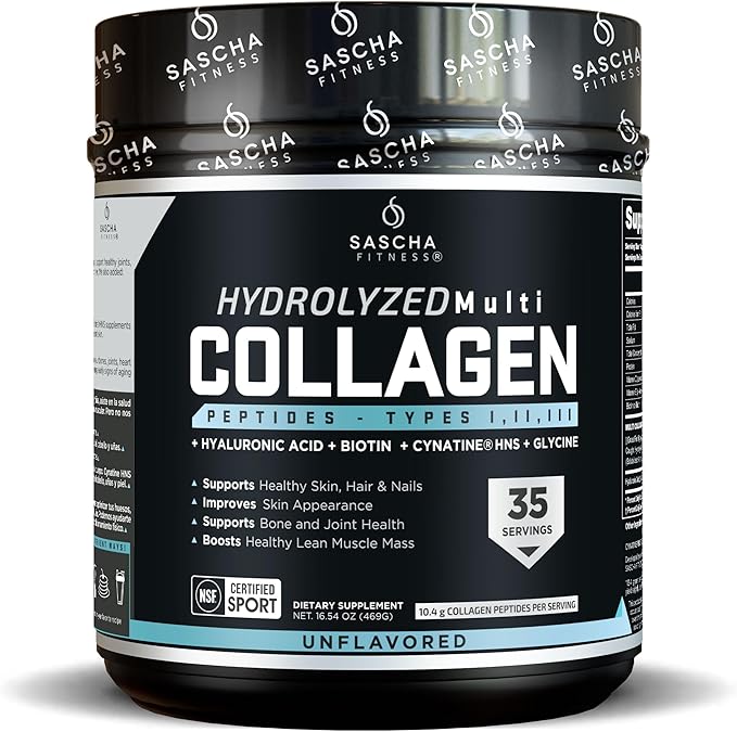 SASCHA FITNESS Hydrolyzed Multi Collagen Peptides Tipes 1,2 & 3 |Hyaluronic Acid|Biotin |Cynatine HSN|Vitamin C & E |for Hairs, Skin & Bone Support| Unflavored
