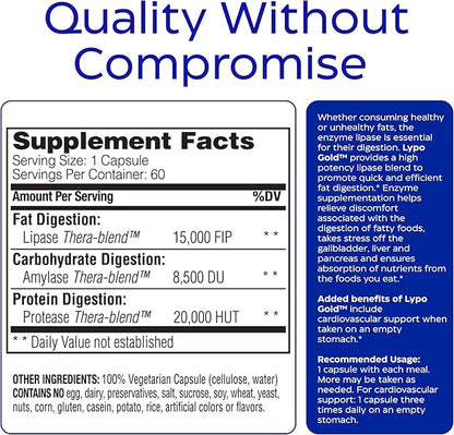 Enzymedica Lypo Gold, High Potency Lipase Digestive Enzymes for Fat Digestion, Supports Occasional Bloating Relief & Digestive Health, Keto-Friendly, Vegan, 60 Capsules