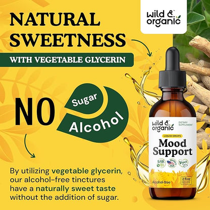 Wild & Organic Mood Support Drops - Good Mood Supplements w/Ashwagandha Root & Rhodiola Rosea - Natural Liquid Drops for Positive Energy - Calm and Relax Supplements for Women and Men - 2 oz