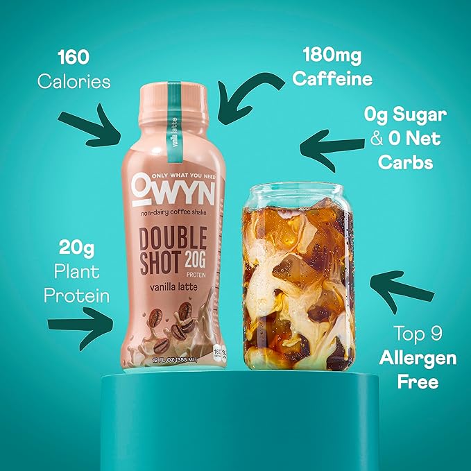 OWYN Only What You Need Double Shot Vanilla Latte Flavored Protein Shake, 20g Protein, 0g Sugar, 3g Fiber, 180mg Caffeine, Dairy Free, Plant Based Protein Drink, 12 Count