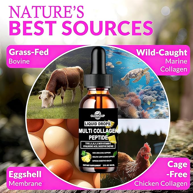 Multi Collagen Peptides Liquid Drops for Women & Men-Type I, II, III, V, X丨Hydrolyzed Collagen Peptides, Collagen Proteins W. Hyaluronic Acid, Biotin & Vitamin C for Hair Skin & Joint Gut Health