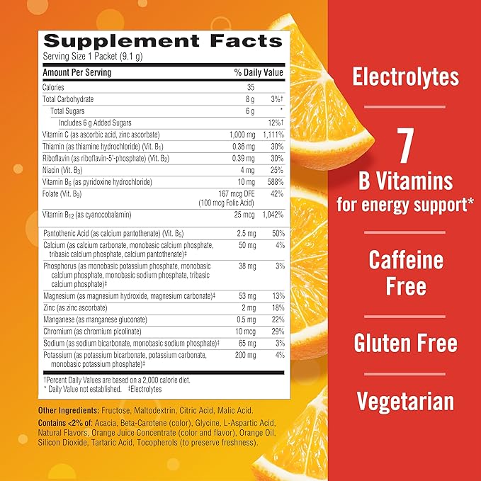 Emergen-C 1000mg Vitamin C Powder for Daily Immune Support Caffeine Free Vitamin C Supplements with Zinc and Manganese, B Vitamins and Electrolytes, Super Orange Flavor - 60 Count/2 Month Supply