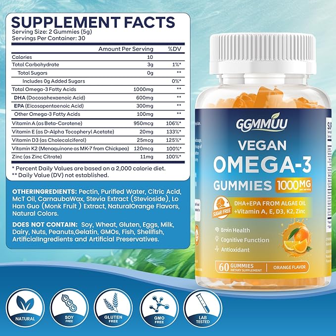 2 Pack Vegan Omega 3 Gummies 1000MG Algal Oil Omega 3 Supplement for Adults with Algae DHA 600mg & EPA 300mg Fish Oil Alternative - for Eye & Immune Health, Orange Flavor, 120 Count